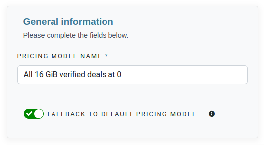 Set the pricing model name and the fallback behavior